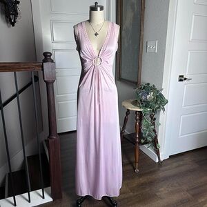 Vintage 1970s 70s light pink maxi long lace trim nylon slip dress Size M